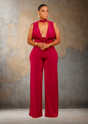 Flatter Me Mock Neck Front Wide Leg Jumpsuit (Burgundy)
