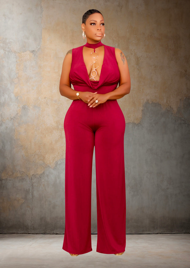 Flatter Me Mock Neck Front Wide Leg Jumpsuit (Burgundy)