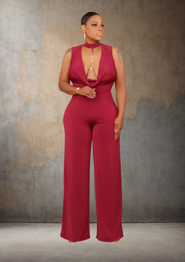 Flatter Me Mock Neck Front Wide Leg Jumpsuit (Burgundy)