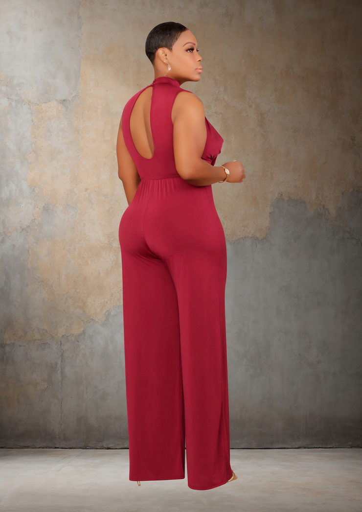 Flatter Me Mock Neck Front Wide Leg Jumpsuit (Burgundy)