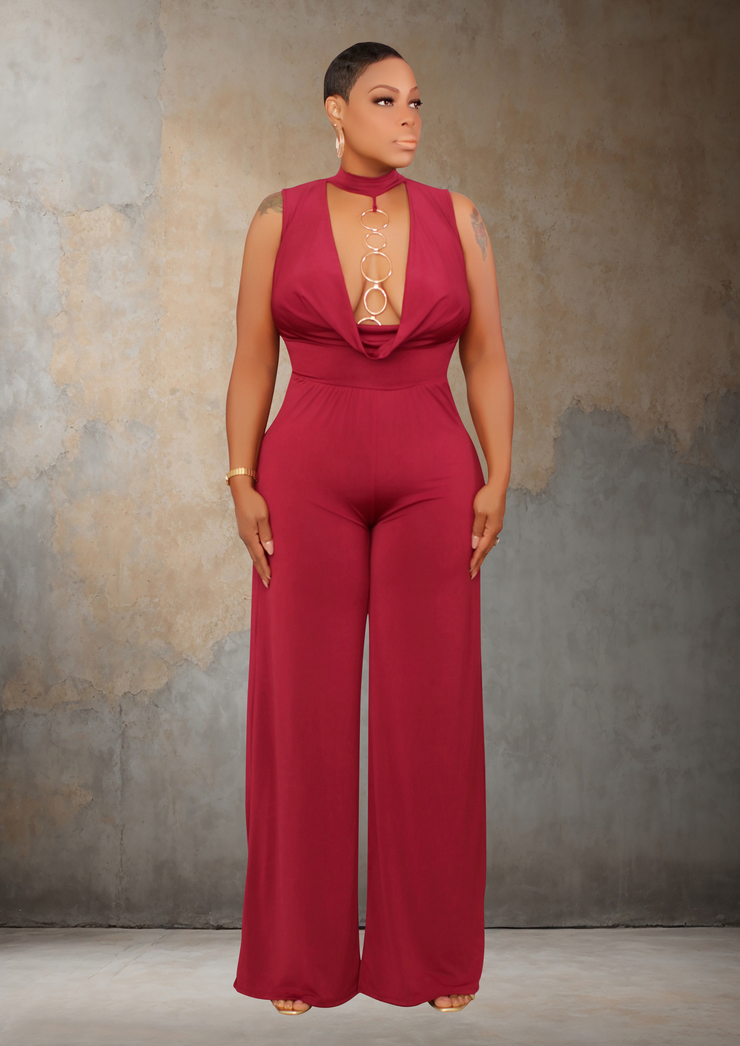 Flatter Me Mock Neck Front Wide Leg Jumpsuit (Burgundy)