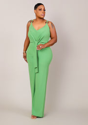 Tropical Paradise Spaghetti Wood Circle Strap Jumpsuit (Green)