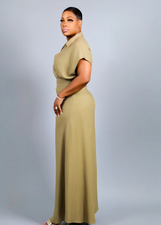 Kachet Linen Surplice Top and Palazzo Pants Set (Olive)