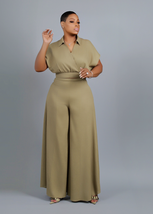 Kachet Linen Surplice Top and Palazzo Pants Set (Olive)
