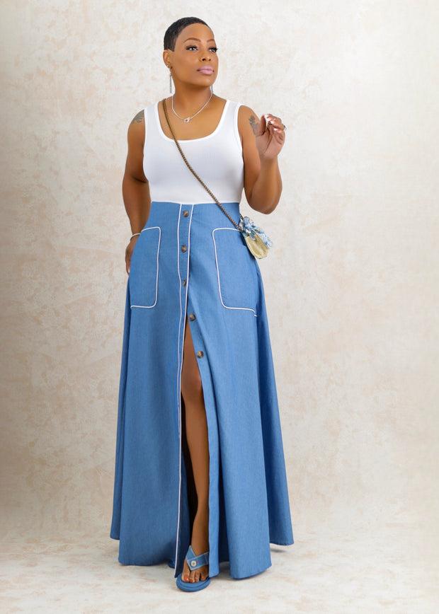 Tank Top Denim Maxi Dress (Light Blue Denim)
