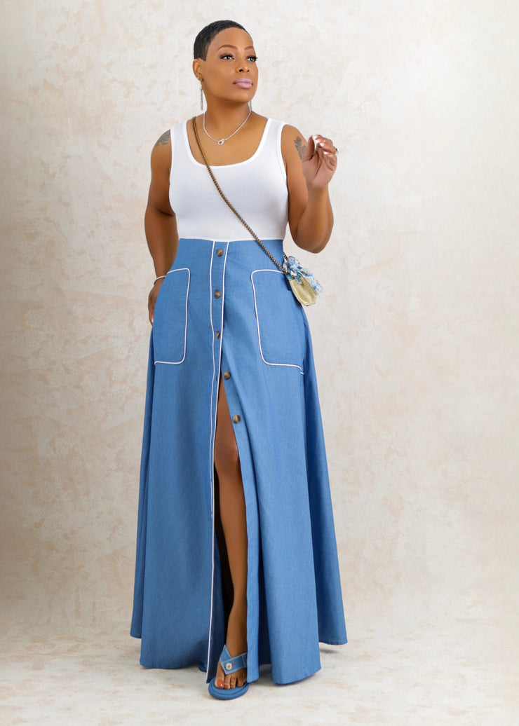 Tank Top Denim Maxi Dress (Light Blue Denim)