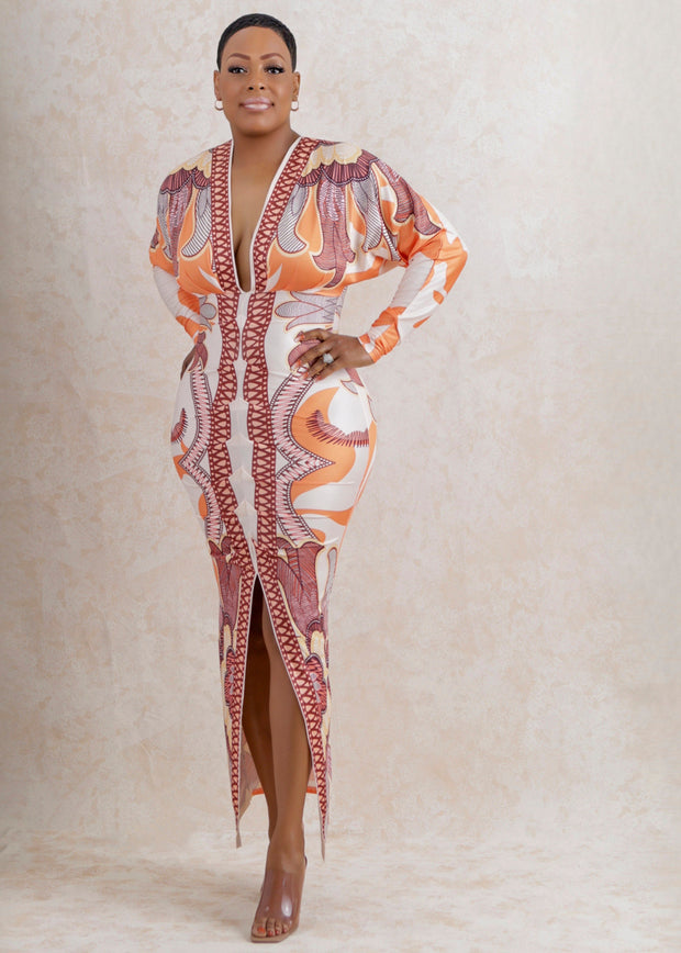 Zoe V-neck Print European Style Split Dress (Multi)