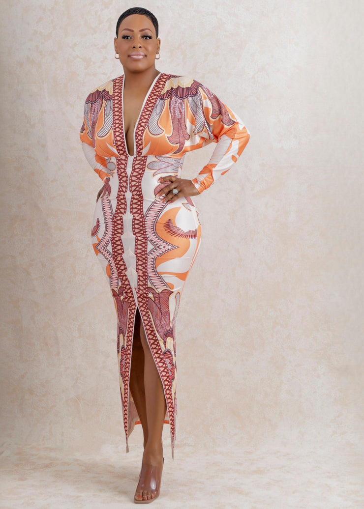 Zoe V-neck Print European Style Split Dress (Multi)