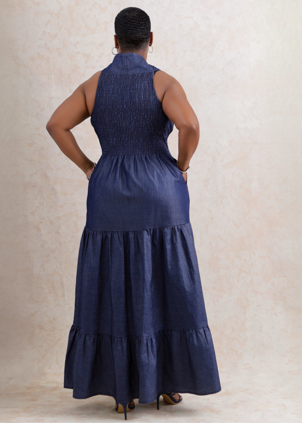 India Long Denim Smocked Dress (Blue)