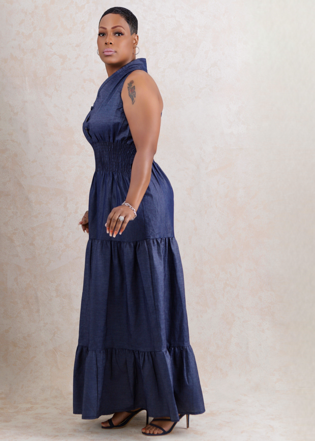 India Long Denim Smocked Dress (Blue)