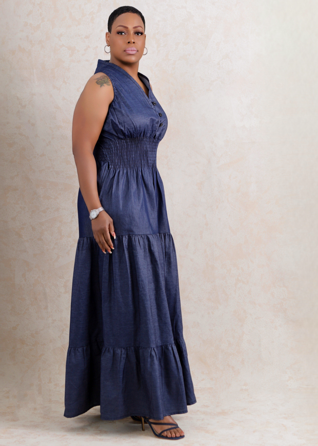 India Long Denim Smocked Dress (Blue)
