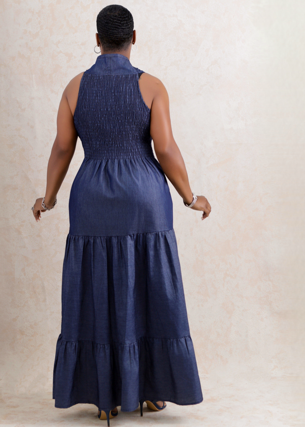 India Long Denim Smocked Dress (Blue)