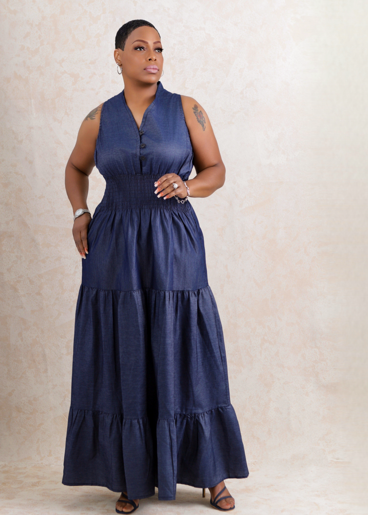 India Long Denim Smocked Dress (Blue)