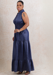 India Long Denim Smocked Dress (Blue)