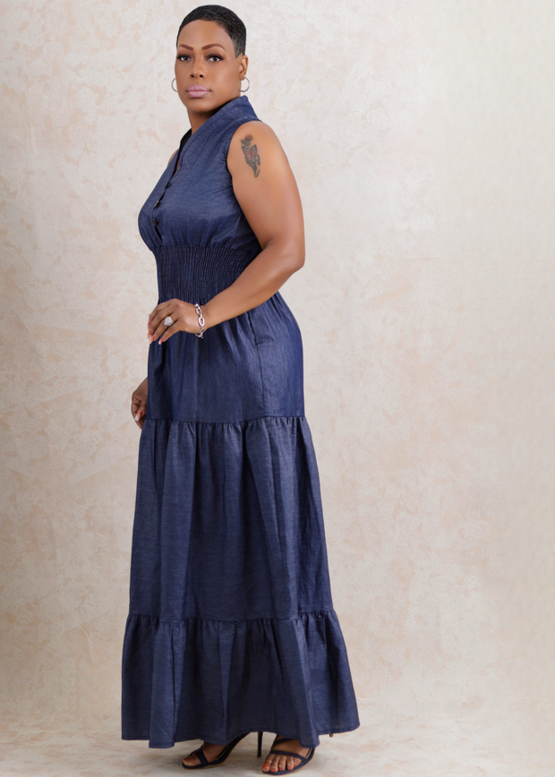 India Long Denim Smocked Dress (Blue)