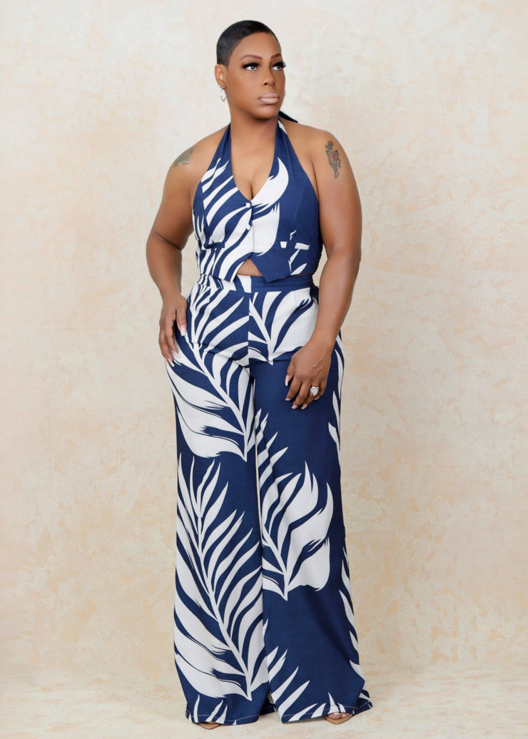 Hawaii Wide Leg Halter Top 2-Piece Pants Set (Blue/White)