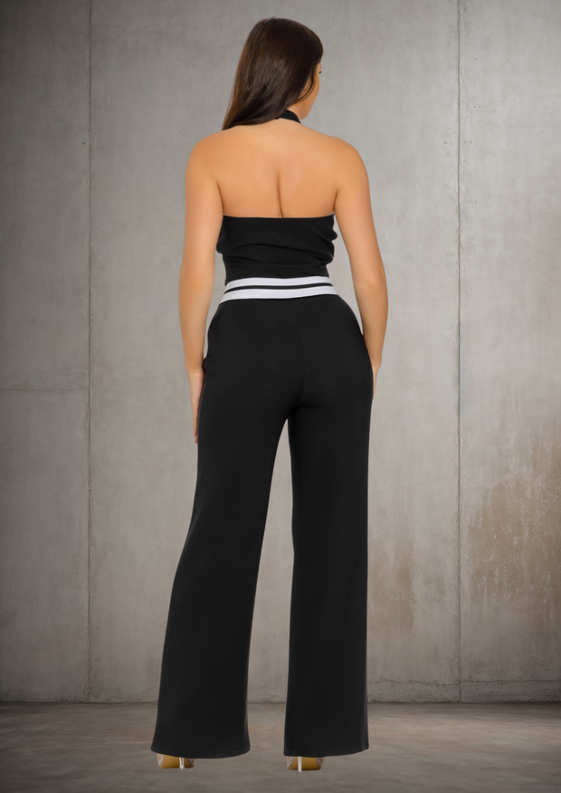 Front Button-Down Vest Top Folded Waist Jumpsuits(Black/White)