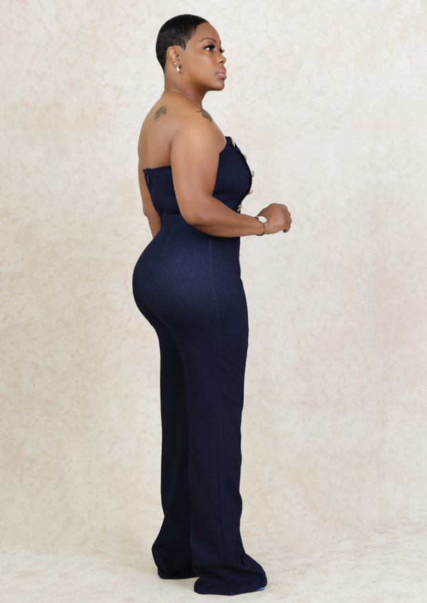 Gold Button Detail Off Shoulder Stretch Fashion Jumpsuit (Dark Denim)