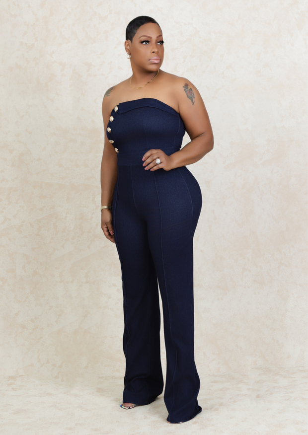Gold Button Detail Off Shoulder Stretch Fashion Jumpsuit (Dark Denim)