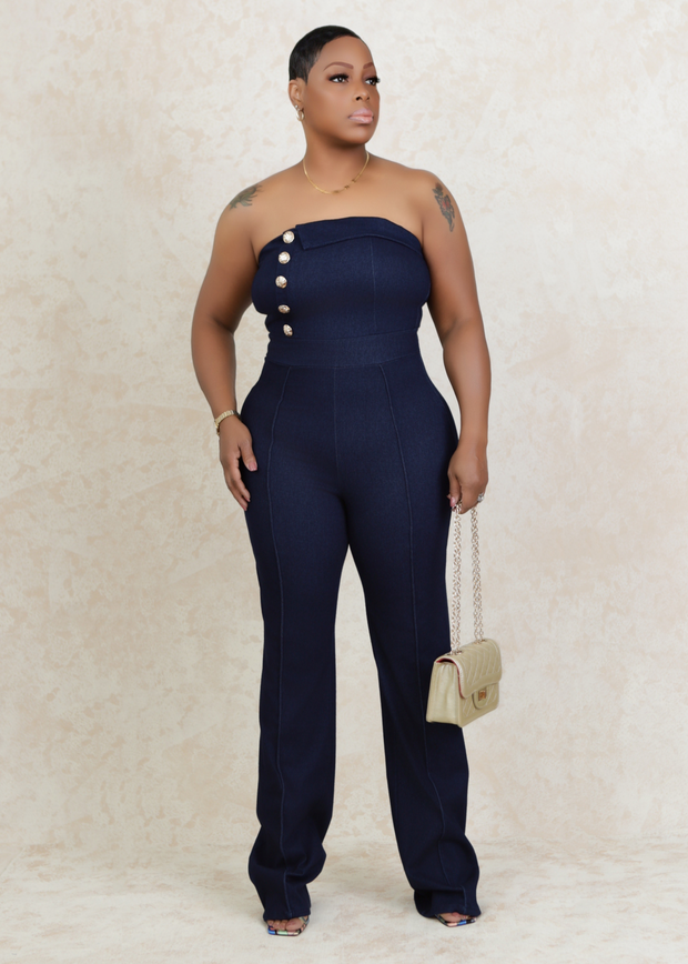 Gold Button Detail Off Shoulder Stretch Fashion Jumpsuit (Dark Denim)