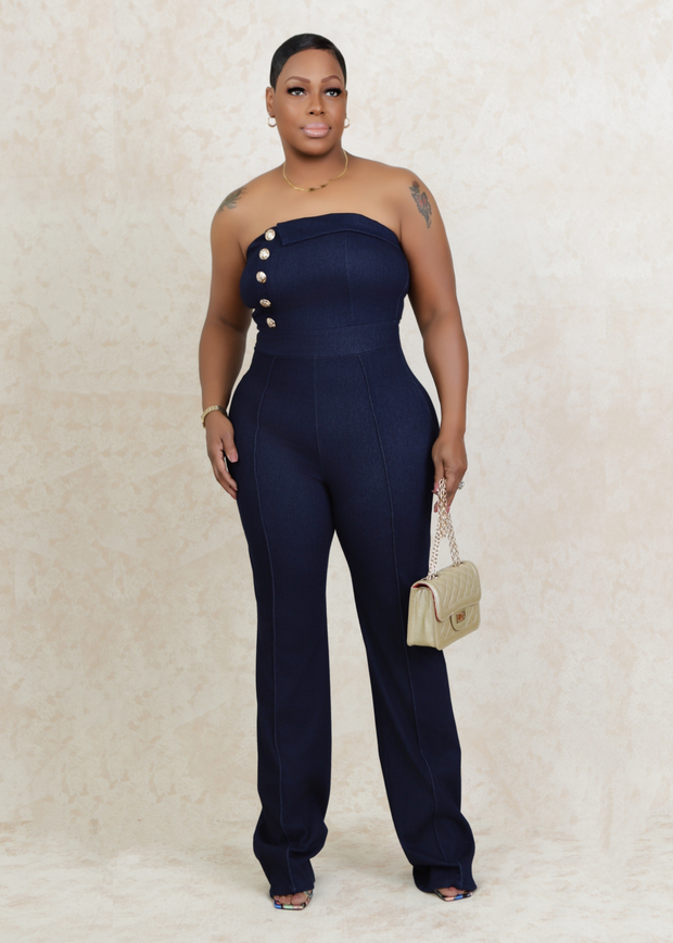 Gold Button Detail Off Shoulder Stretch Fashion Jumpsuit (Dark Denim)