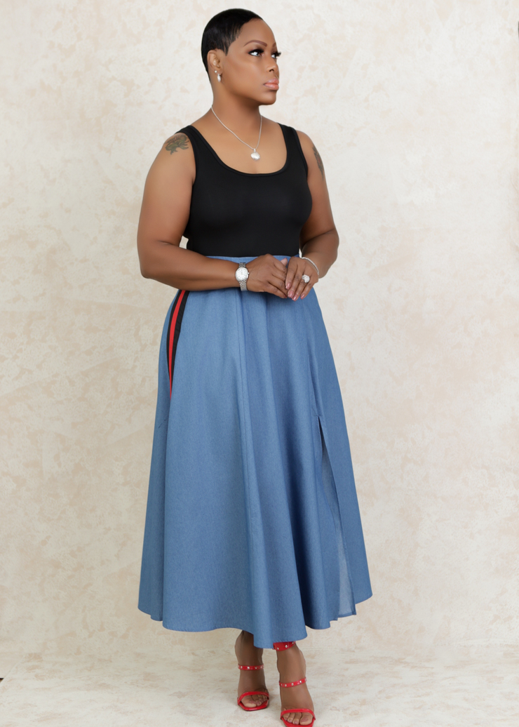 Block Denim Midi Dress with Split (Black/Red)