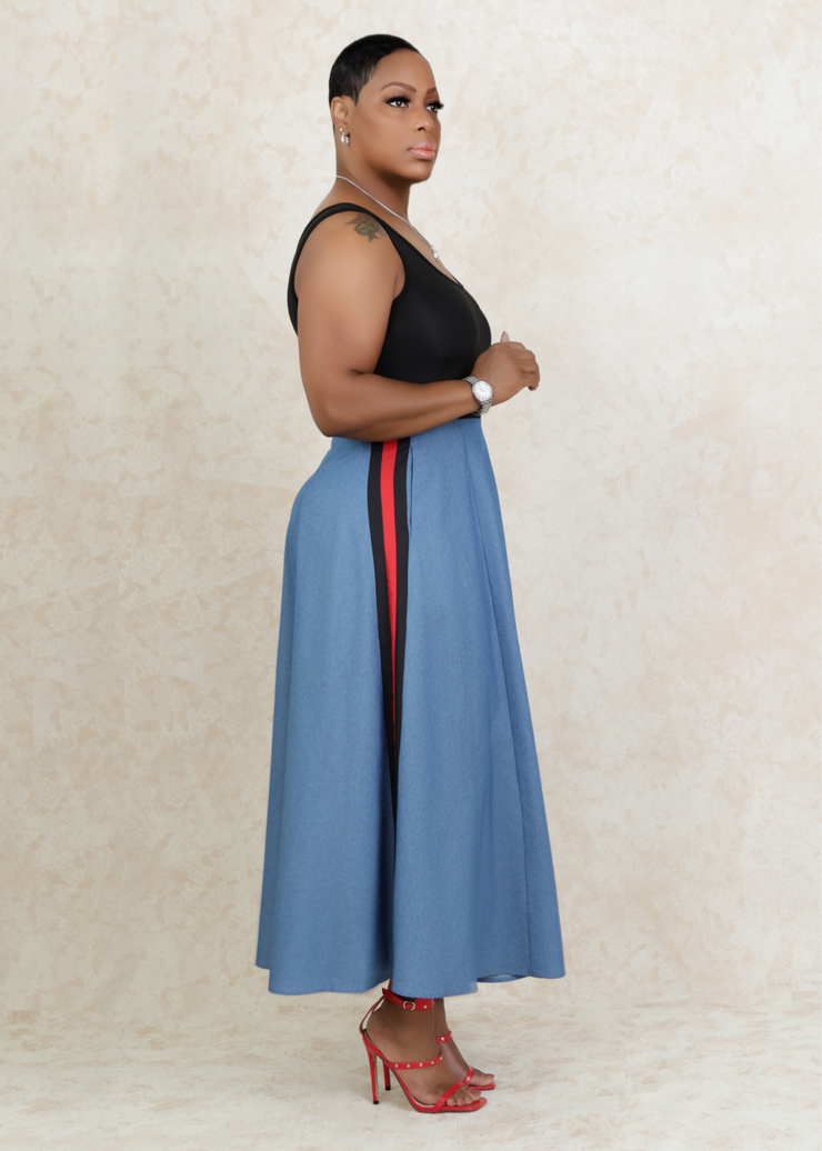 Block Denim Midi Dress with Split (Black/Red)