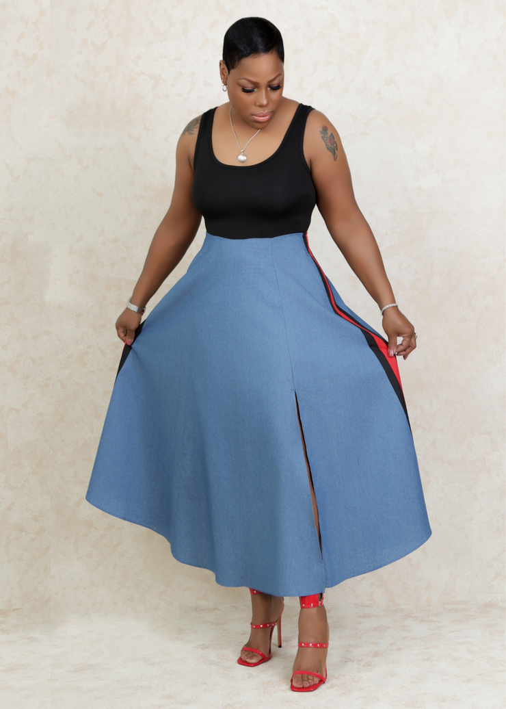 Block Denim Midi Dress with Split (Black/Red)