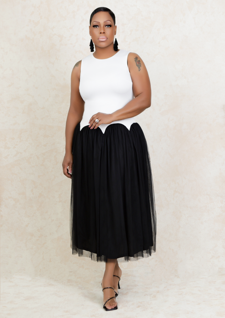 Mesh Woven Midi Dress (Black/White)