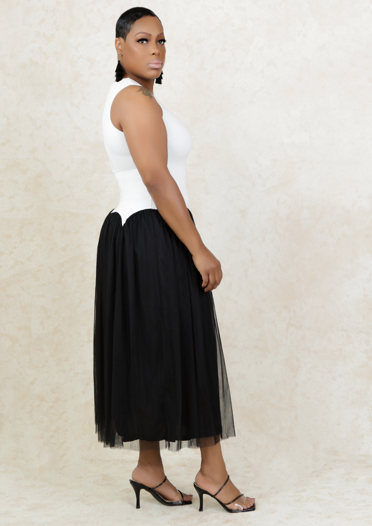 Mesh Woven Midi Dress (Black/White)