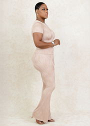 Runway Wavy Bliss Casual Top with Flare Pants Set (Beige)