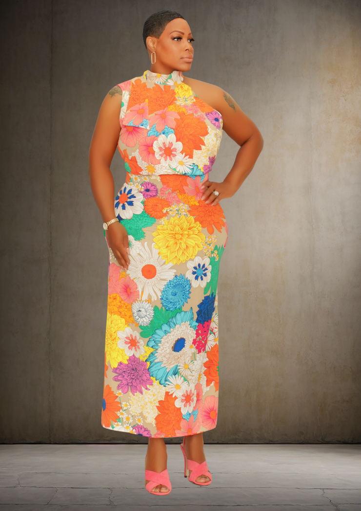 Timeless Bold Floral High Neck Maxi Dress (Multi)