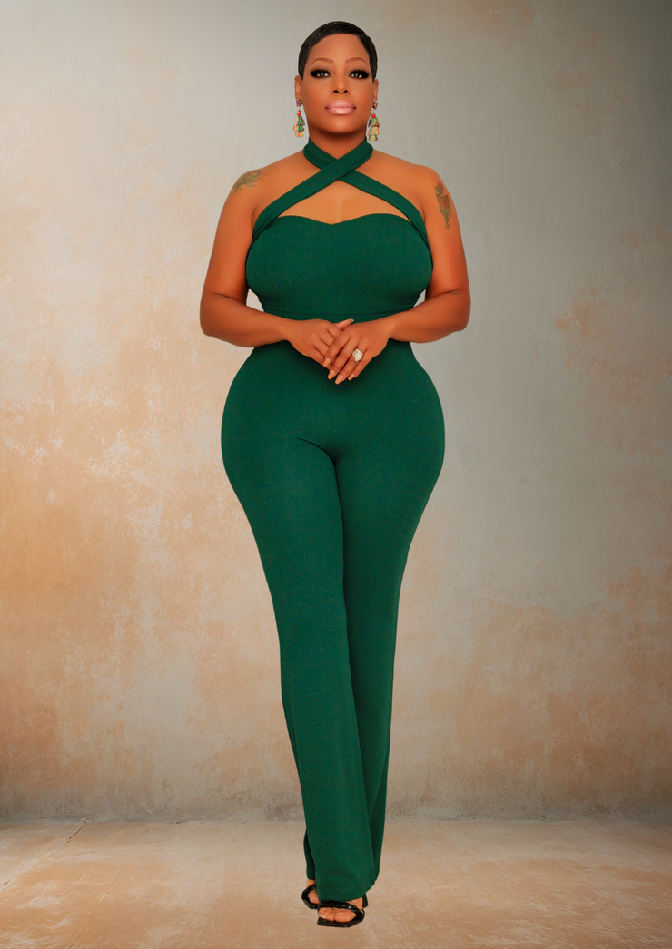 Bliss Criss Cross Halter Neck Jumpsuit (Green)