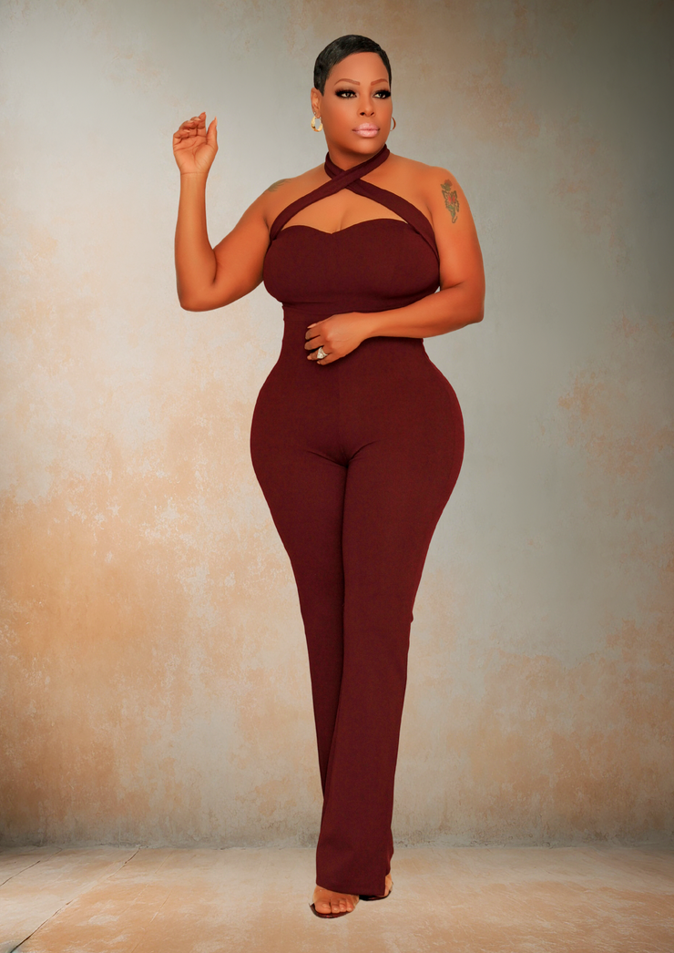 BLISS CRISS CROSS HALTER NECK JUMPSUIT (Burgundy)