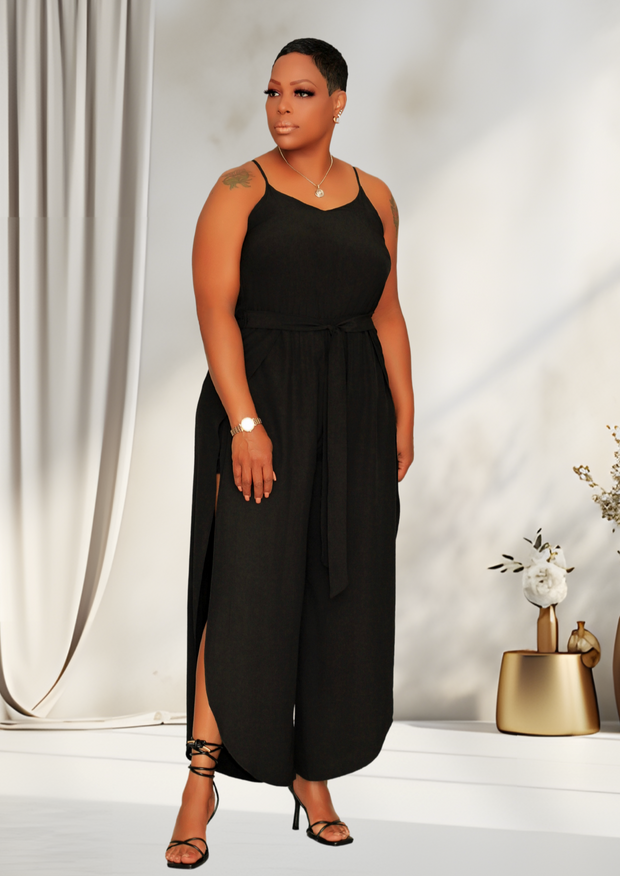 Split Style Spaghetti Strap Jumpsuit (Black)