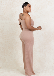 Bow Detailed Wide Leg Jumpsuit (Beige)