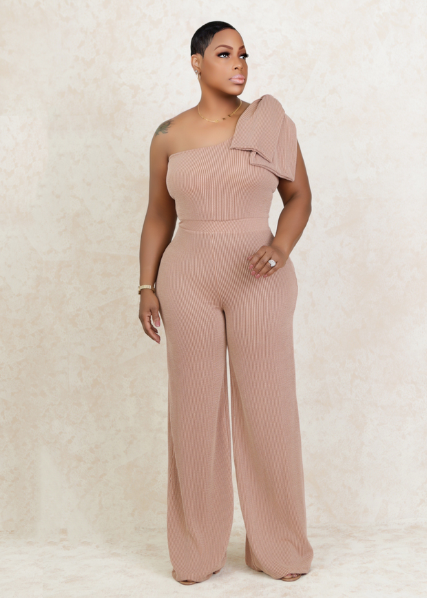 Bow Detailed Wide Leg Jumpsuit (Beige)