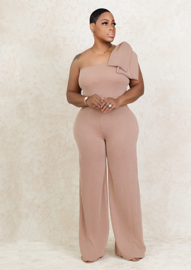 Bow Detailed Wide Leg Jumpsuit (Beige)