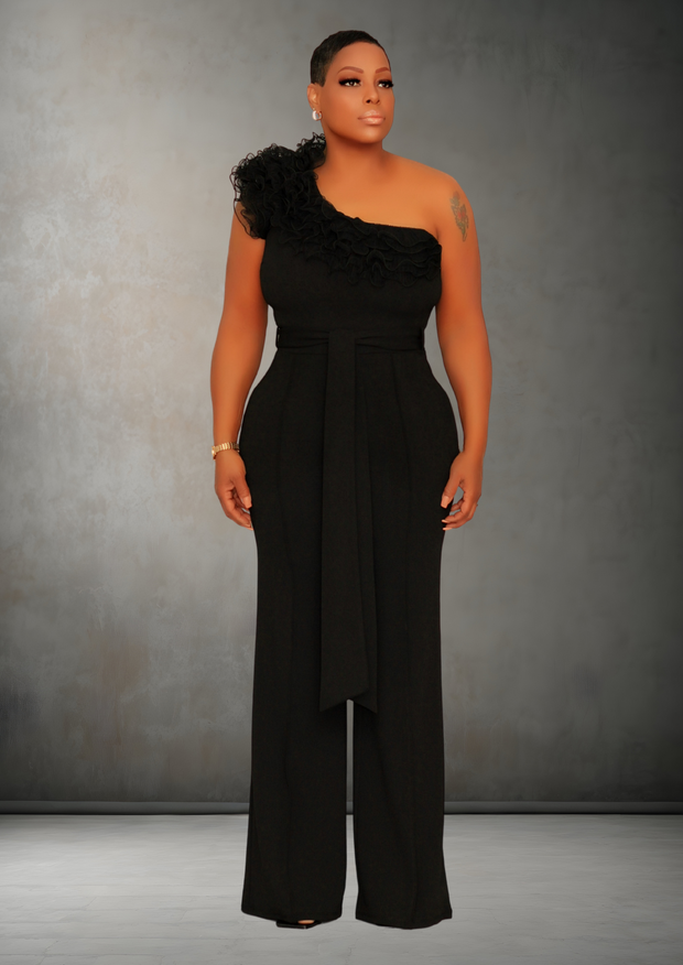 One Shoulder Ruffle Jumpsuit (Black)