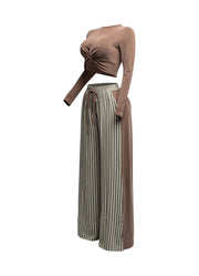 Laura Long Sleeve Knotted Top and Wide Leg Pants Set (Brown/Olive)