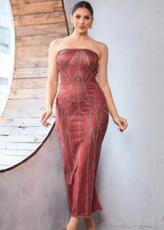 Layla Strapless Denim Print Tube Style Dress (Burgundy)